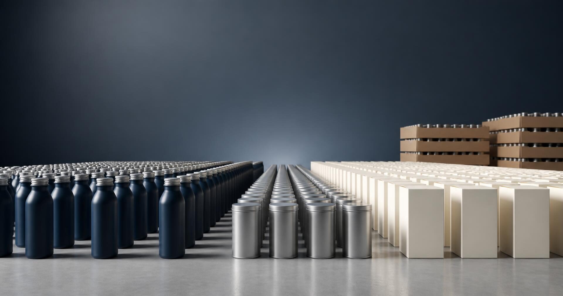 Repeating rows of unbranded aluminium bottles, vitamin tins and paperboard cartons receding in perspective with shipping trays behind, suggesting production volume