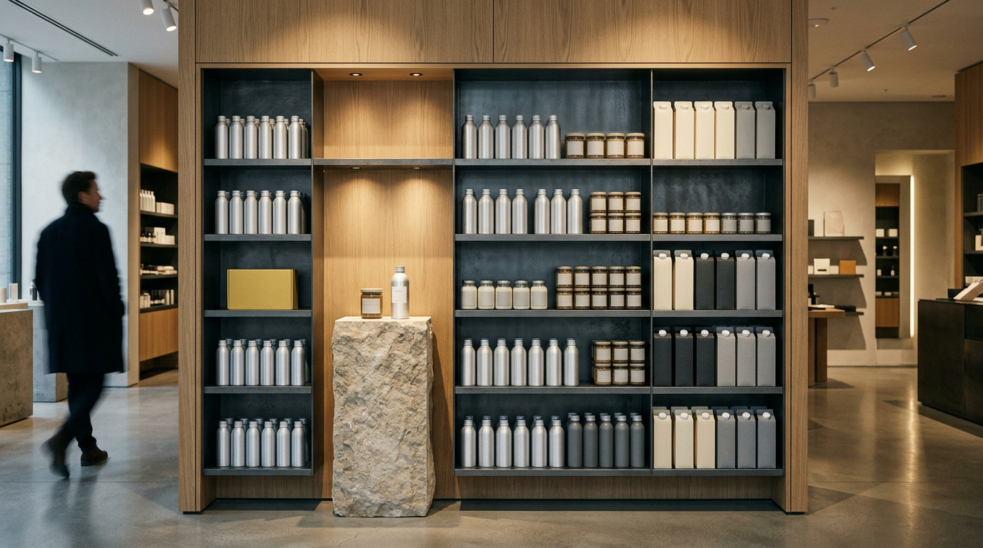 A premium retail bay with a consumer range merchandised in disciplined blocks across oak and steel shelving
