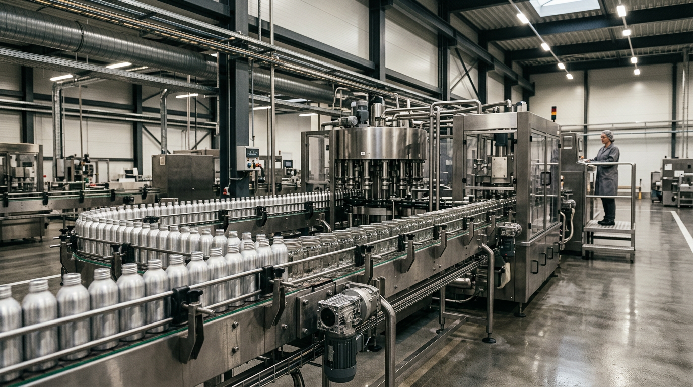 A consumer goods production line, stainless steel filling and capping machinery running aluminium bottles and glass jars